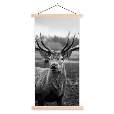 Produktbild von MuchoWow® Textilposter Tiere - Hirsch - Geweih - Schwarz und weiß - Natur 40x80 cm mit holzfarbenen Rahmen - Wohnzimmer