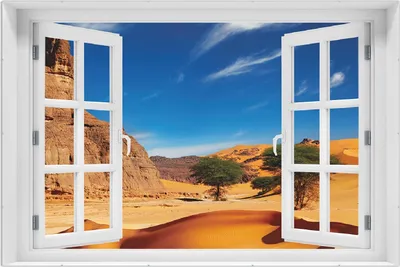 Produktbild von Wallario Wandbild mit Fenster-Illusion: In der Wüste Sahara, Größe: 61 x 91,5 cm, Poster mit rahmenlosen Bildhalter