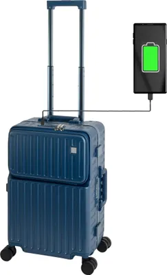 Obrázok produktu pre Kufrík na príručnú batožinu Travelhouse Roma s USB a držiakom na nápoje, hliníkový rám, tvrdá škrupina, modrý, 55 x 35 x 23 cm