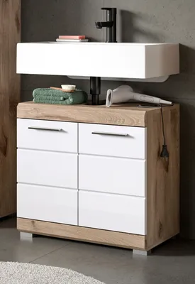 Produktbild von Waschbeckenunterschrank "Willow" in weiß Hochglanz und Eiche 60 cm