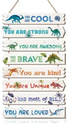 8er-Set Dino-Wandtafeln aus Holz, Aquarell-Motive, 25x10 cm