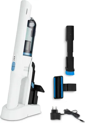 A white MEDION hand vacuum cleaner is shown in its charging station, along with various attachments and a power adapter, all set against a white background.
