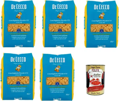 Produktbild von De Cecco Conchigliette Piccole N°53, 100% Italienisch Pasta Nudeln 5x 500g + Italian Gourmet Polpa 400g