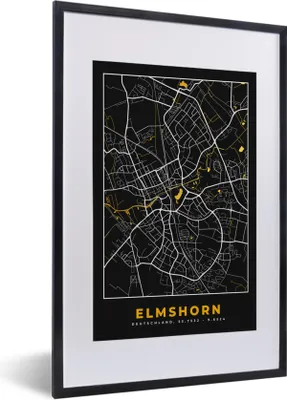Produktbild von MuchoWow® Gerahmtes Poster Deutschland - Schwarz und Gold - Elmshorn - Stadtplan - Karte 40x60 cm - Poster mit Schwarzem Bilderrahmen Wandposter Rahmen Foto Bilder - Poster in Rahmen