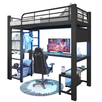 Produktbild von Hochbett mit Schreibtisch, LED-Streifen, Lattenrost, Leiter, Regalen, Wandgitter, Rausfallschutz und Kleiderstange, 90x200 cm, Kinderbett, Metallbett
