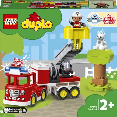 Produktbild von LEGO 10969 DUPLO Town Feuerwehrauto Spielzeug, Lernspielzeug für Kleinkinder ab 2 Jahren, Set mit Blaulicht und Martinshorn, Feuerwehrmann und Katze, für Mädchen und Jungen