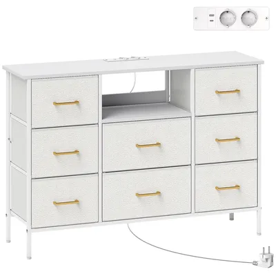 Image de Commode blanche avec 8 tiroirs, multiprise et ports USB | Couleur : Blanc | Dimensions : 110 x 30 x 76 cm
