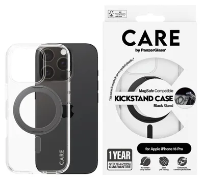 Obrázok produktu pre PanzerGlass CARE™ by ® Case Transparent w. Black Kickstand & MagSafe iPhone 16 Pro, Ochranný obal, Apple, Apple - iPhone 16 Pro, Čierna