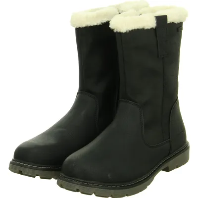 A pair of black winter boots with white fur lining.