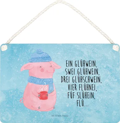 Produktbild von Mr. & Mrs. Panda Schild Schweinchen Glühwein DIN A4 - Eisblau - Geschenk, Deko Wandbild, Weihnachten, wandtafel, Betrunken, Spruch, Türschild, Holzschild, Holz
