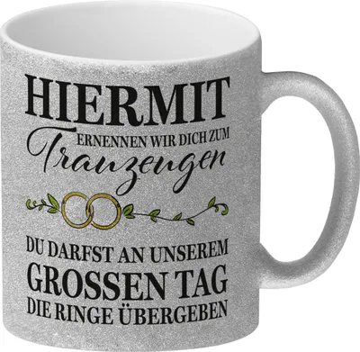Produktbild von Trauzeuge Ringübergabe Glitzer-Kaffeebecher mit Spruch
