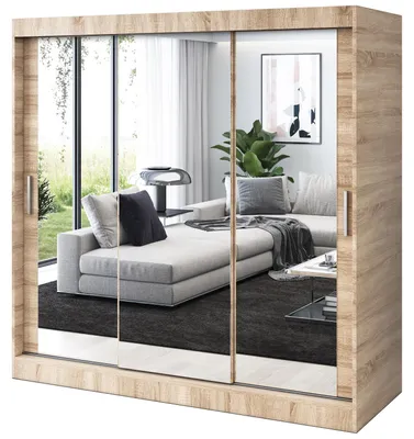 Zdjęcie produktu dla Szafa przesuwna Dąb Sonoma. - 200x200cm - Szafa przesuwna KARL - z 3 lustrami - do sypialni i garderoby