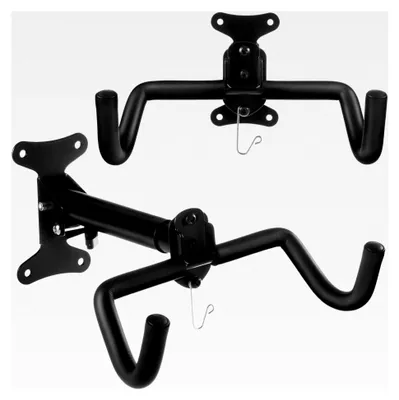 Produktbild von Fahrrad Wandhalterung 2er Set | Verstellbare Stahlhalterung für Fahrräder bis 30 kg | Klappbar & platzsparend | Schutzbeschichtete Haken | Mit zusätzlichem Helmhalter | Länge 37-47 cm