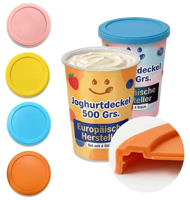 Produktbild von Silikondeckel für Joghurtbecher - Dehnbar und wiederverwendbar - Für 500g Becher - 4 Stück