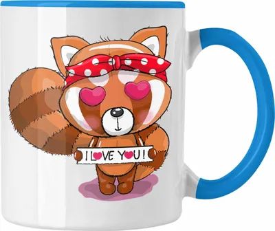 Produktbild von Trendation - Süßer Roter Panda Tasse Musik Kinder Geschenkidee für Jungs Mädchen Lustige Grafik I Love You (Blau)