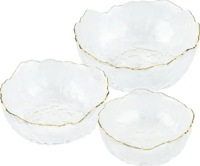 Produktbild von Navaris Glasschüssel Set mit goldenem Rand - 3 Größen - Glas Servierschüssel Set für Salat Dessert Obst Snacks - Salatschüssel Glasschale rund