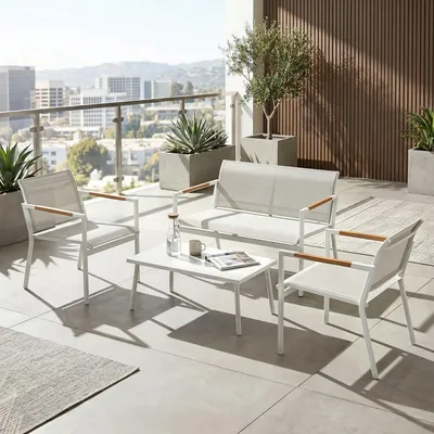 Produktbild von SUGIFT Gartenlounge Set atmungsaktiv, Gartenmöbel Sitzgruppe Netzstoff, Balkonmöbel Metall, Cremeweiß | 4 Personen | 2er Sofa + 2 Sessel + Tisch | 23 kg