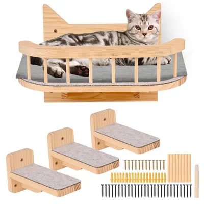 Image de Étagère murale pour chats, mur d'escalade avec hamac et 3 marches en bois