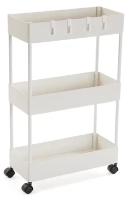 Imagen del producto de Mueble de baño con 3 estantes y ruedas, compacto y de color blanco