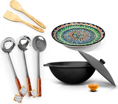Produktbild von Set  Kasan 10 l Runde Boden + Lagan Teller Ø 32 cm, Schaumlöffel 48 cm, Schöpfkelle 48 cm, tiefer Schaumlöffel 48 cm, Löffel, Griff für Kasan