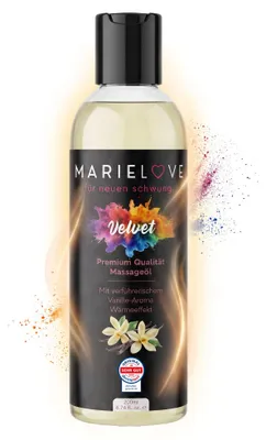 Produktbild von Marielove Velvet Premium Massageöl mit Vanille-Aroma – 100% natürliche Öle, sinnlicher Wärmeeffekt, mit Vitamin E, vegan,  getestet, 200 ml