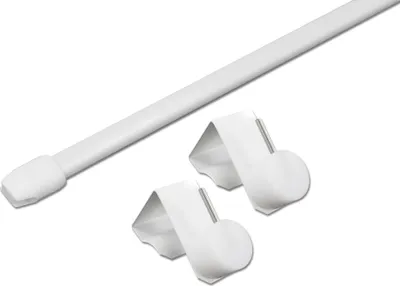 A white adjustable curtain rod with two white window hooks on a white background.