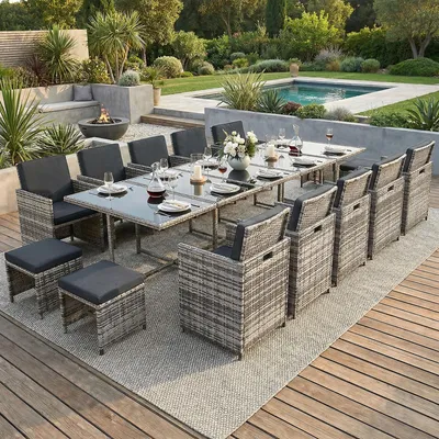Produktbild von Poly Rattan Sitzgruppe Esstisch Lounge Gartenmöbel Sitzgarnitur 15-Teilig Garten-Garnitur Set 1x Tisch + 10x Stühle + 4x Hocker - grau