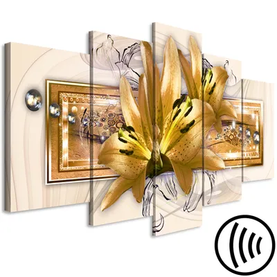 Produktbild von Akustikbild Blumen Lilien 200x100 cm Bilder Akustikschaum Hochleistungsschallabsorber Schallschutz Leinwand 5 tlg Wandbild Raumakustik Schalldämmung gold b-C-0375-b-o