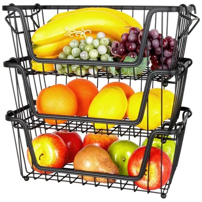 Produktbild von Vilde | Obstkörbe 3er Set - 32x20x13,5 cm - Metall Drahtkorb Stapelbar - Schwarz