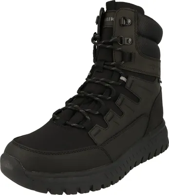 A black winter boot is shown against a white background.