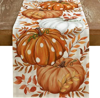 Produktbild von Kürbisse Blätter Herbst Tischläufer,  Ahornblätter Tischdekoration, Mode Planken Blätter Orange Kürbisse Herbst Tischläufer, 33x120 cm für Outdoor Hochzeit Geburtstag Party Urlaub Dekoration