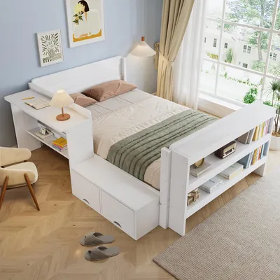 Produktbild von Flieks Tagesbett 120x200cm mit Schreibtisch und Regal, Kinderbett Jugendbett mit Kopfteil und Lattenrost, Schlafsofa Doppelbett mit Stauraum, Weiß