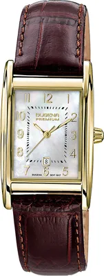 A rectangular gold-tone watch with a white mother-of-pearl dial and a dark brown leather strap.