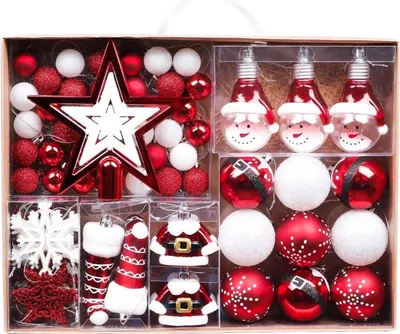 Produktbild von Valery Madelyn Weihnachtskugeln 70er Set Christbaumschmuck Glänzend Matt Glitzernd Transparent Rot Weiß Weihnachtsdeko