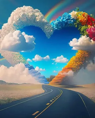 A winding road leading towards a heart-shaped archway made of clouds and flowers, with a rainbow in the background.