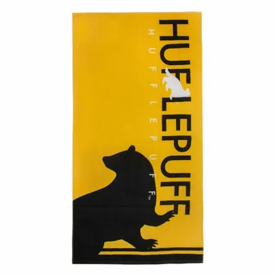 A Hufflepuff themed towel with a badger graphic and text.