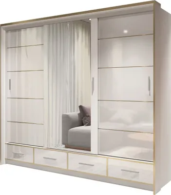 Produktbild von Kleiderschrank mit Spiegel Schwebetürenschrank mit Schubladen 3-türig Schrank Gaderobe Schiebtüren Schlafzimmer Wohnzimmerschrank - Seraphine 253 Weiß
