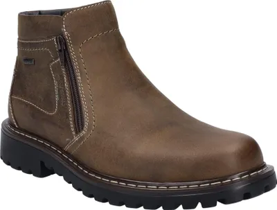 A single brown leather boot is shown against a white background.