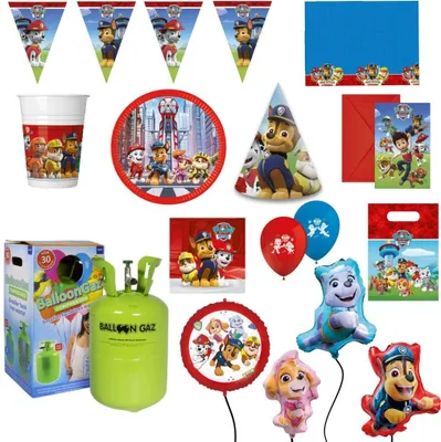 Image de Set d'anniversaire pour enfants Paw Patrol - Paw Patrol avec ballons et hélium - 10 personnes