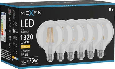 Zdjęcie produktu dla Mexen Vintis 6x żarówka filament LED E27, G95, 10W, Ciepła - 2700K, 1320 lm, clear - L157-E27-1027-00x06