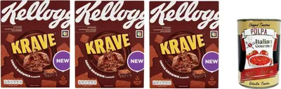 Produktbild von Krave choco brownie Gemischte Cerealien Bündel mit Schokoladenfüllung mit brownie Geschmack und Vitaminzusatz 3x 375g Packung + Italian Gourmet polpa 400g