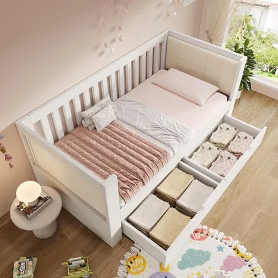 Produktbild von Kinderbett 90x200 mit Schubladen Schlafsofa mit Matratze Bettgestell mit abgerundeten Armlehnen Holz mit Matratze Weiß