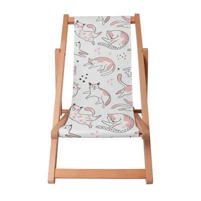 A wooden deck chair with a fabric seat featuring a pattern of pink and white cats.