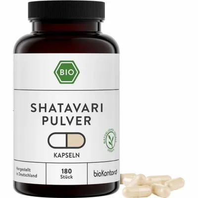 Produktbild von Shatavari Kapseln | 180 Kapseln | 1500 mg je Tagesdosis | vegan und ohne Zusätze | bioKontor