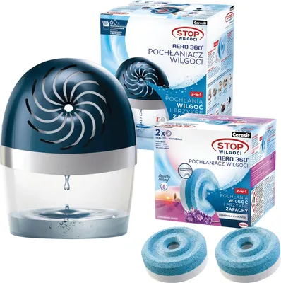 A product image showing a dehumidifier, its packaging, and refill tabs.