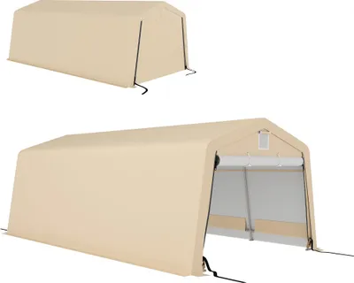 Image de Outsunny Tente garage carport dim. 6,2L x 3,3l x 2,4H m acier galvanisé robuste PE haute densité 150 g/m² imperméable anti-UV, 1 porte kaki et 2 aérations