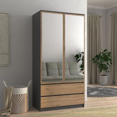 2-türig Drehtürenschrank mit Spiegel Rubin Schrank inkl. 2 Schubladen modernes Spiegelschrank, Farbe: Anthrazit + Artisan