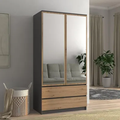 Produktbild von 2-türig Drehtürenschrank mit Spiegel Rubin Schrank inkl. 2 Schubladen modernes Spiegelschrank, Farbe: Anthrazit + Artisan