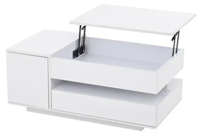 Image de Table basse réglable en hauteur - Table de salon 95 x 50 x 34,5 cm - Avec tiroir et armoire - Espace de rangement - Éclairage LED - Blanc