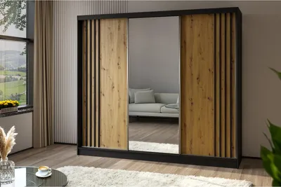Produktbild von Schiebetürenschrank NELA II 240cm - 3-türig Kleiderschrank, Garderobe, Schrank mit Spiegeln & 4 Schubladen, Farbe: Schwarz+Artisan+Schwarz